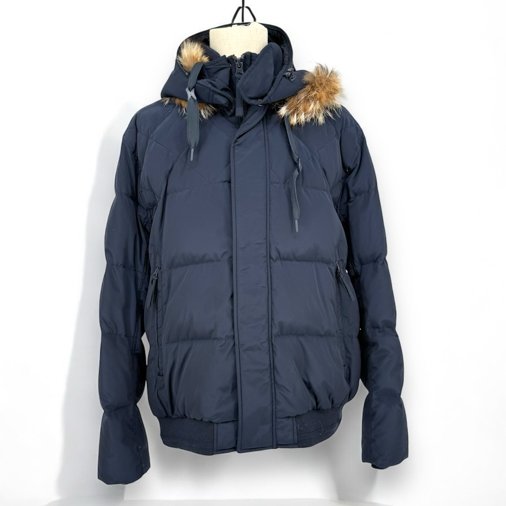 Marc New York Mens Coyote Fur Trim Down Jacket Bomber Winter Coat Navy XL
